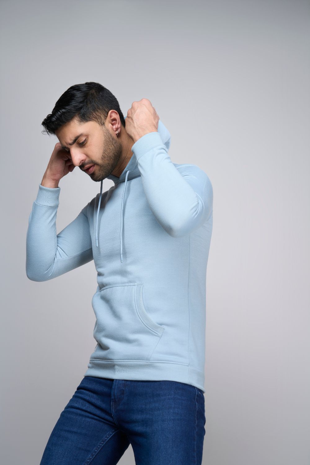 Shenghayo Blue colored, hoodie for men with full sleeves and relaxed fit, side view.