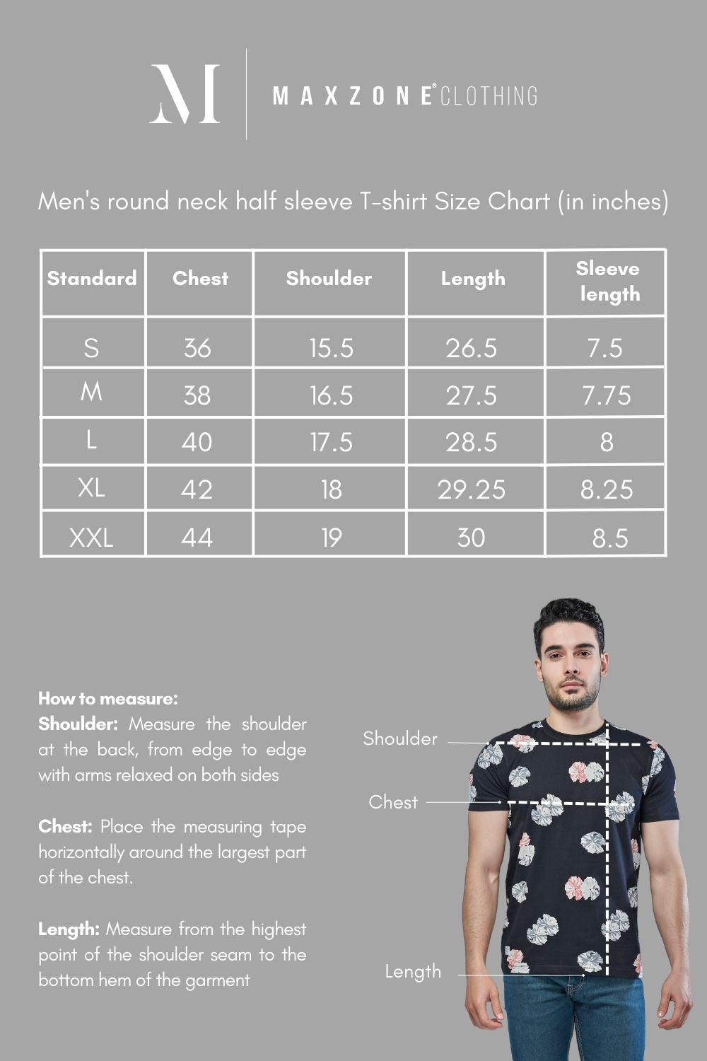 Size chart of Black color, sprinkle patterned all over print T shirt for men with half sleeves and round neck.