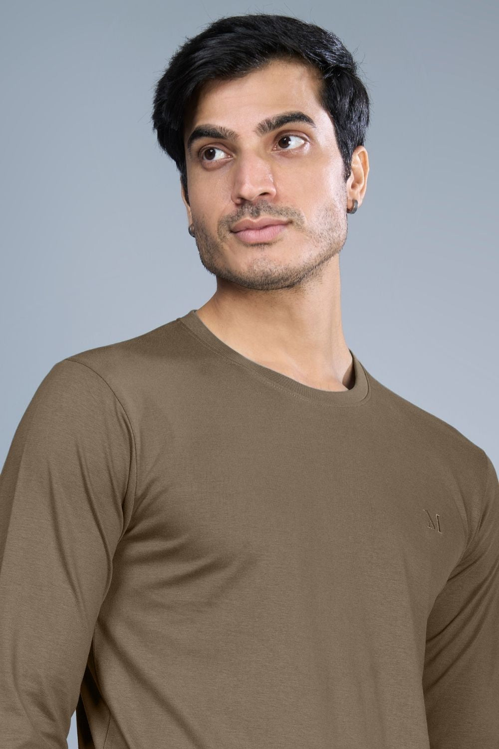 Teak colored, full sleeve solid T shirt for Men with round neck, close up.