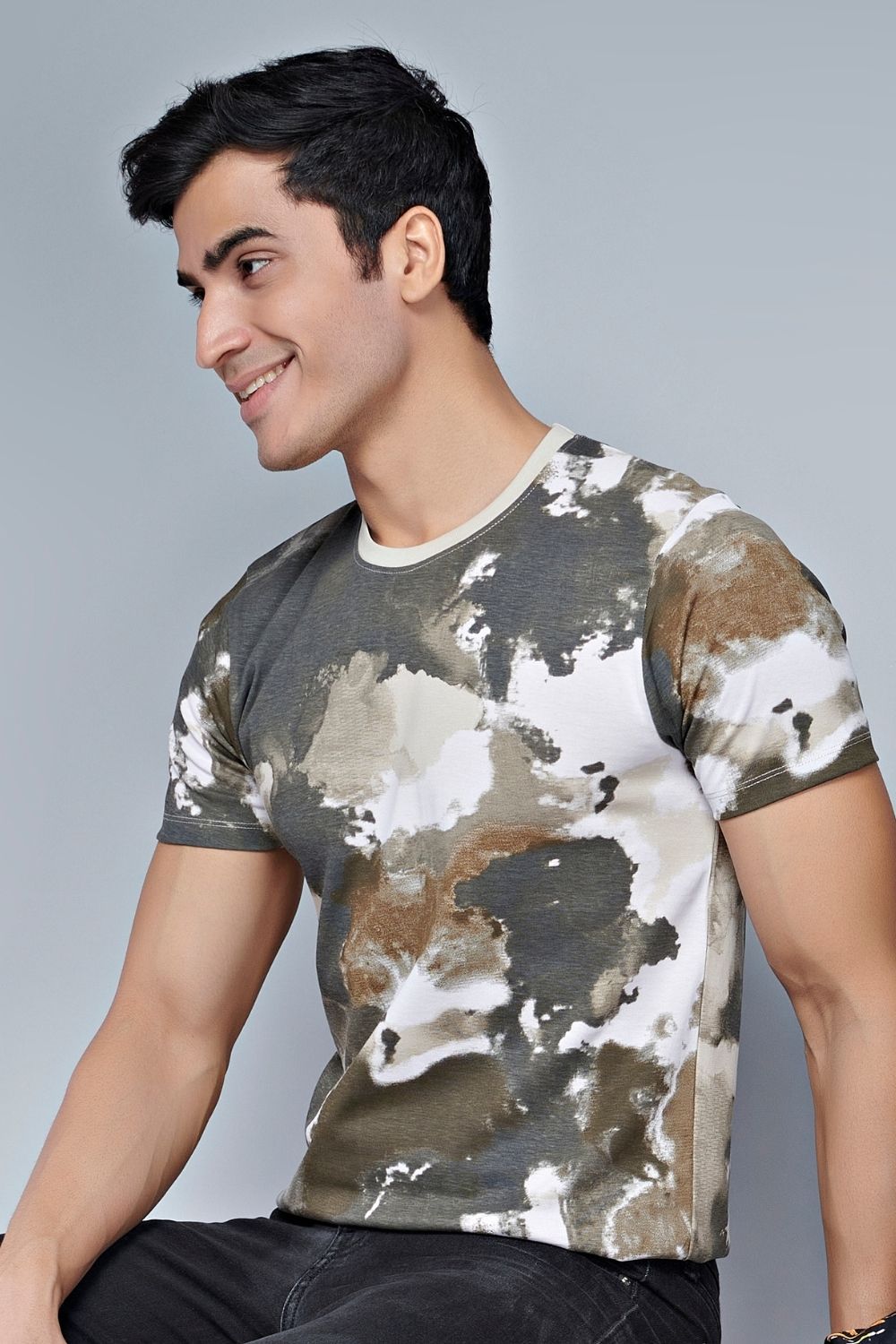 Side view of Stone colored, all over print T shirt for men with half sleeves and round neck.