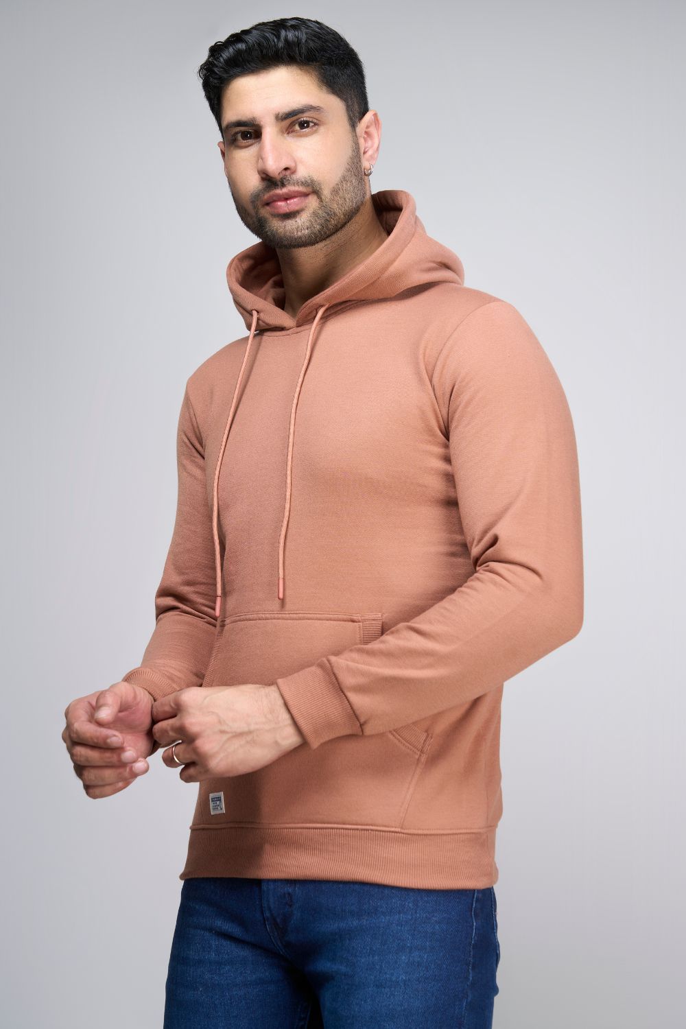 Leather Brown colored, hoodie for men with full sleeves and relaxed fit, side view.
