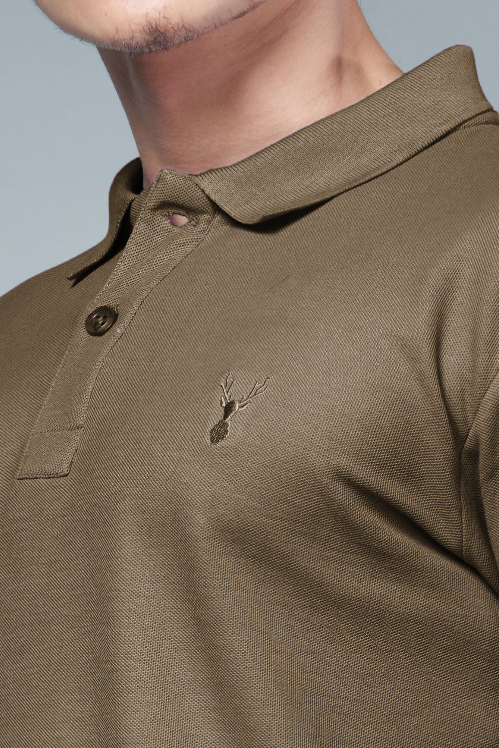 Olive colored, identity Polo T-shirts for men with collar and half sleeves, close up.