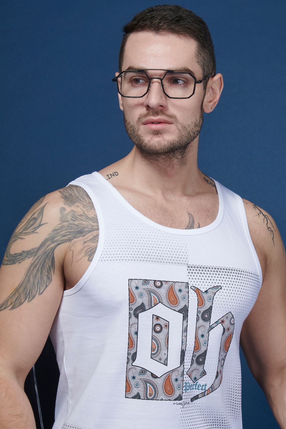 White colored cotton Sleeveless Printed Tank Tees for men, front view.
