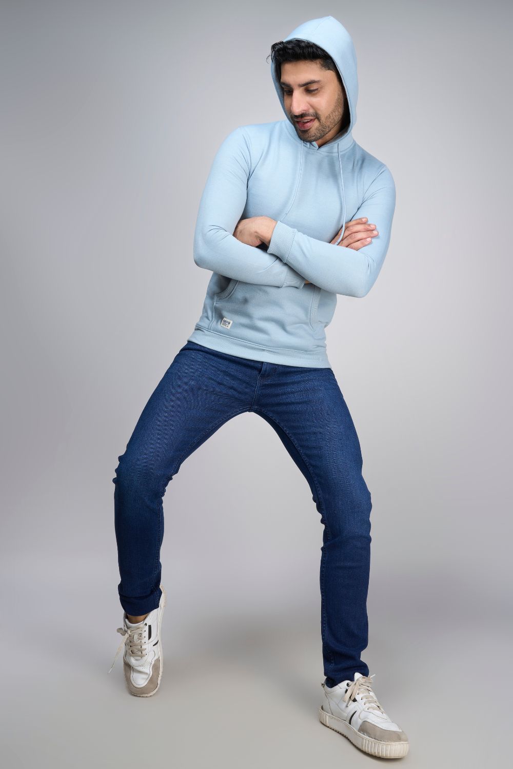 Shenghayo Blue colored, hoodie for men with full sleeves and relaxed fit.