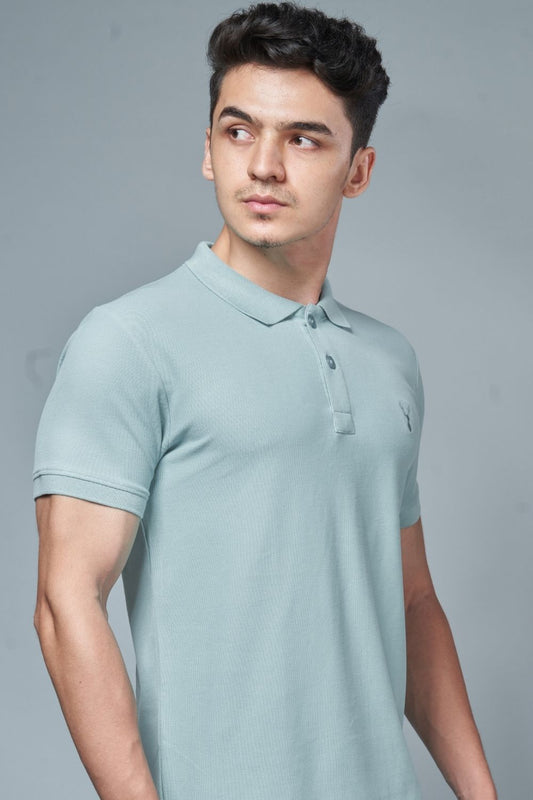 Sky light colored, identity Polo T-shirts for men with collar and half sleeves.