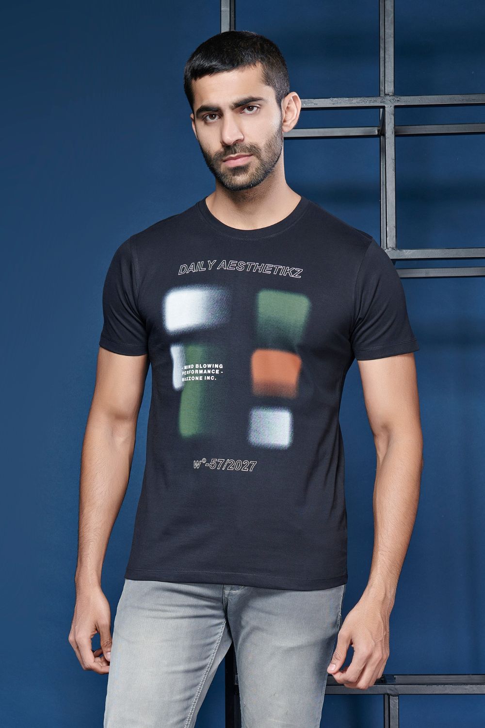 Black colored, cotton Graphic T shirt for men, half sleeves and round neck, front view.