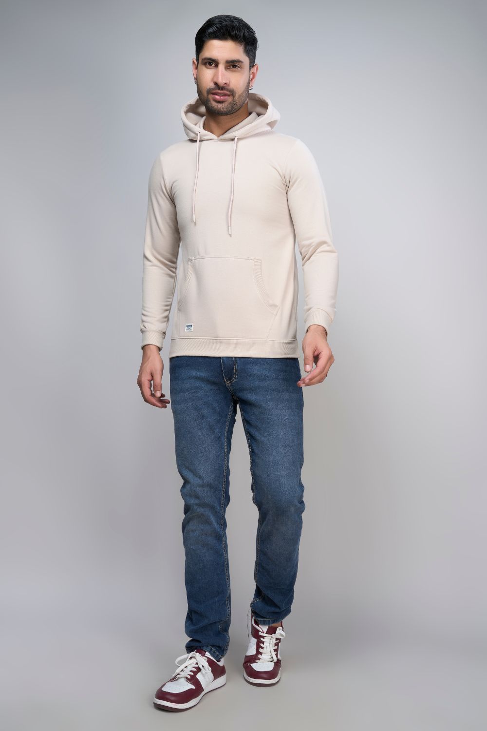 Soft Beige colored, hoodie for men with full sleeves and relaxed fit, full view.