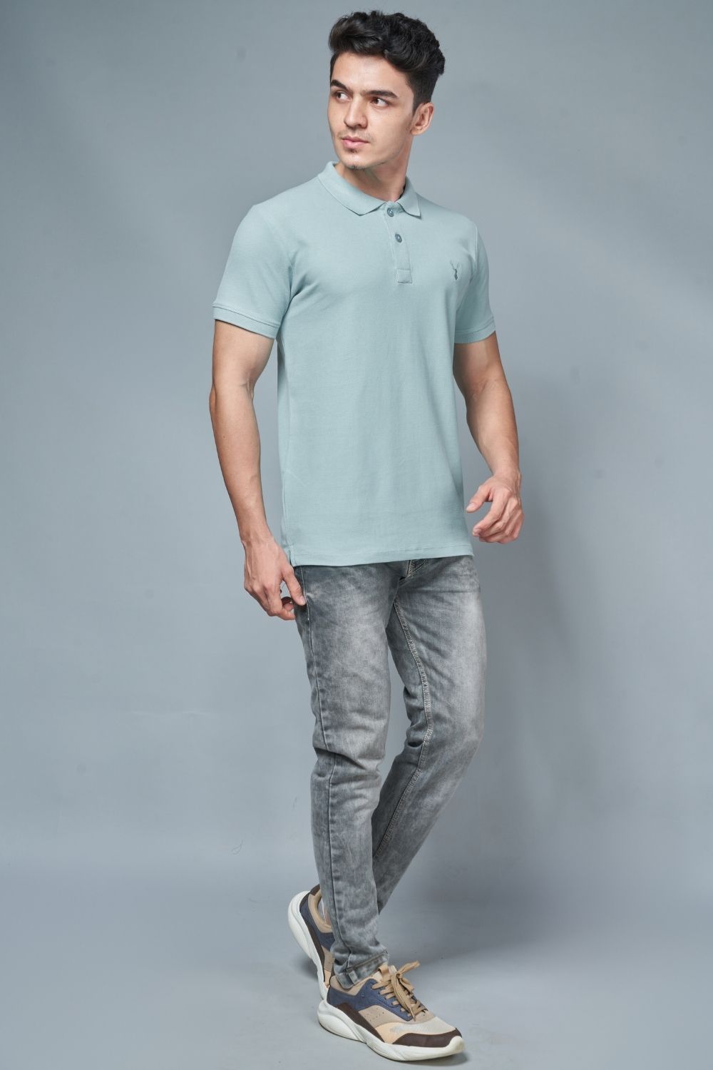 Sky light colored, identity Polo T-shirts for men with collar and half sleeves, full view.