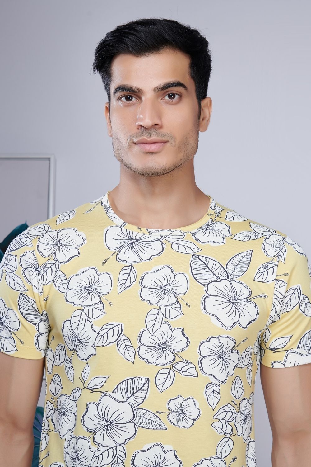 Direction style, floral patterned all over print T shirt for men with half sleeves and round neck.