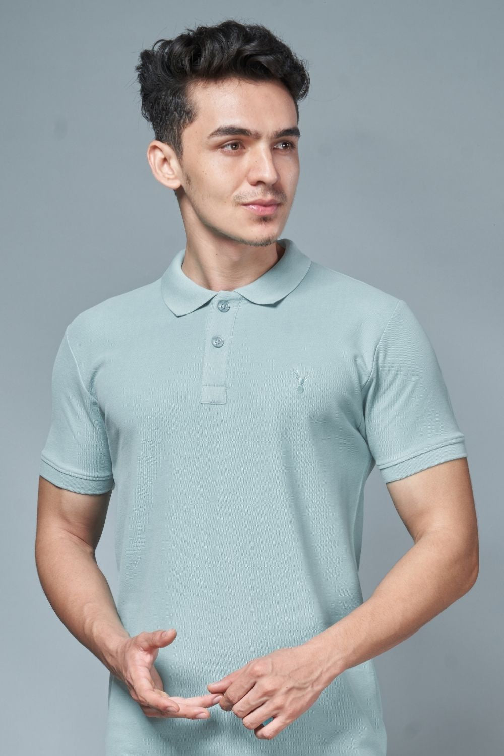 Sky light colored, identity Polo T-shirts for men with collar and half sleeves, front view.