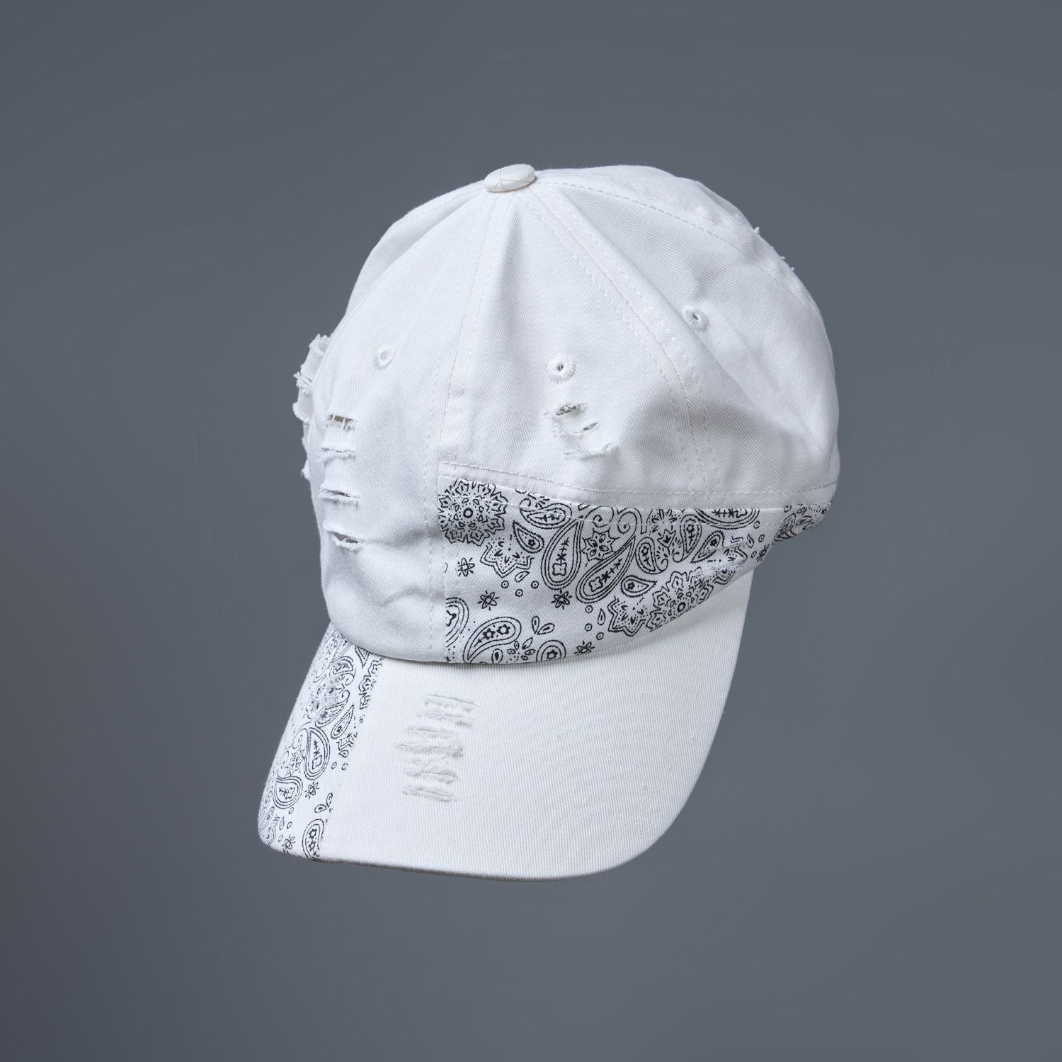 white colored, wide brim designer cap for men with adjustable strap.
