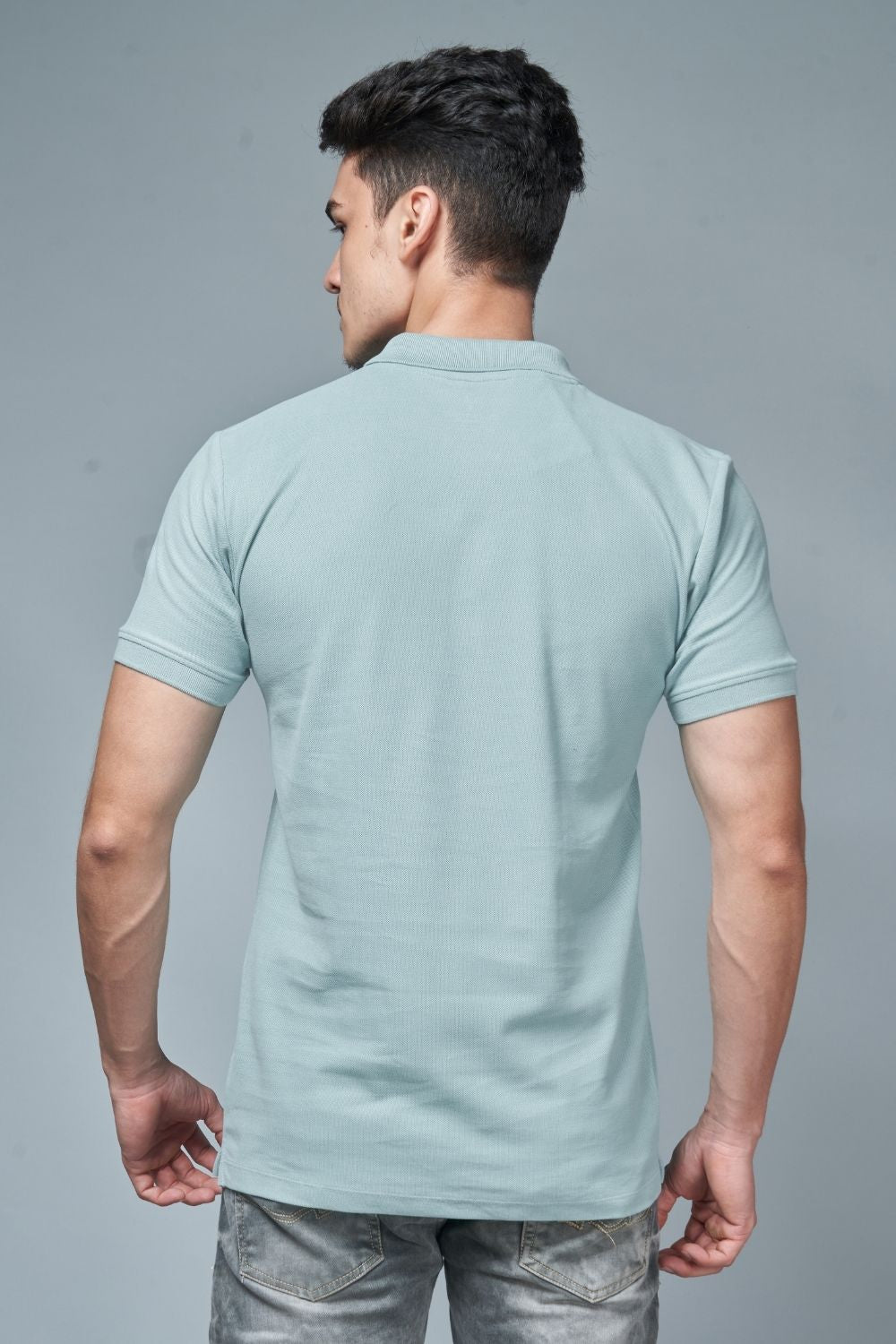 Sky light colored, identity Polo T-shirts for men with collar and half sleeves, back view.