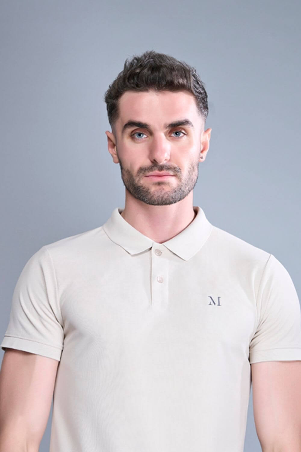 Soft Beige colored, Smart Tech Polo T-shirts for men with collar and half sleeves, front view.
