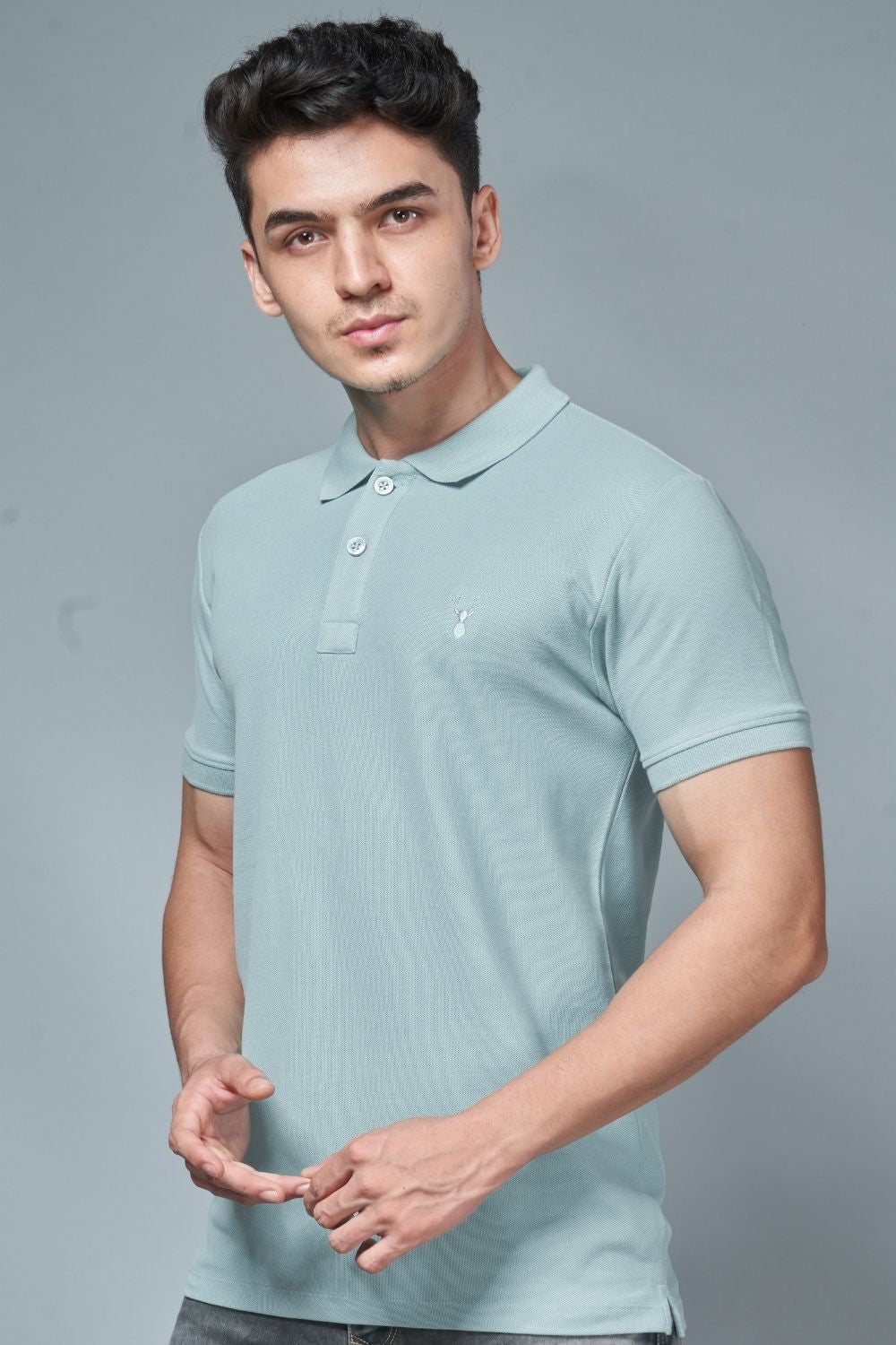 A model wearing Sky light colored, identity Polo T-shirts for men with collar and half sleeves.