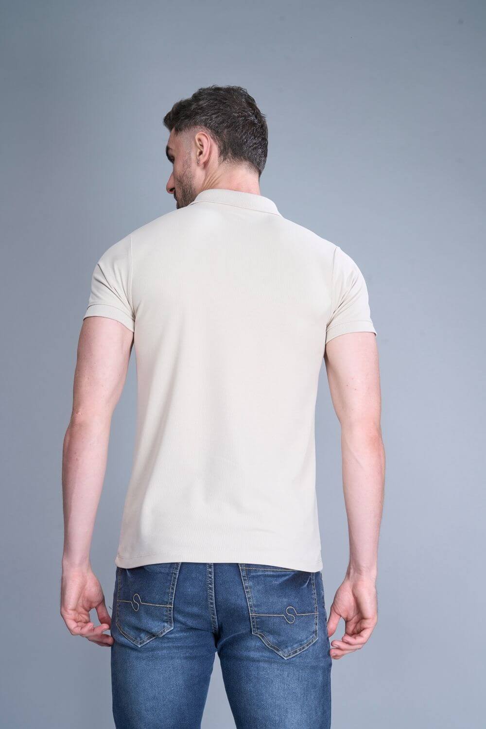 Soft Beige colored, Smart Tech Polo T-shirts for men with collar and half sleeves, back view.