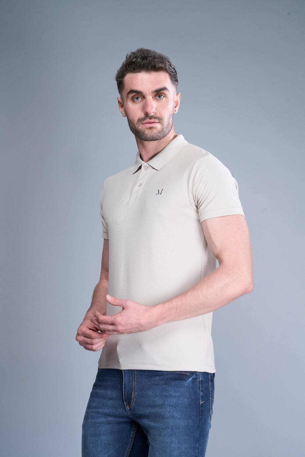 Soft Beige colored, Smart Tech Polo T-shirts for men with collar and half sleeves, side view.