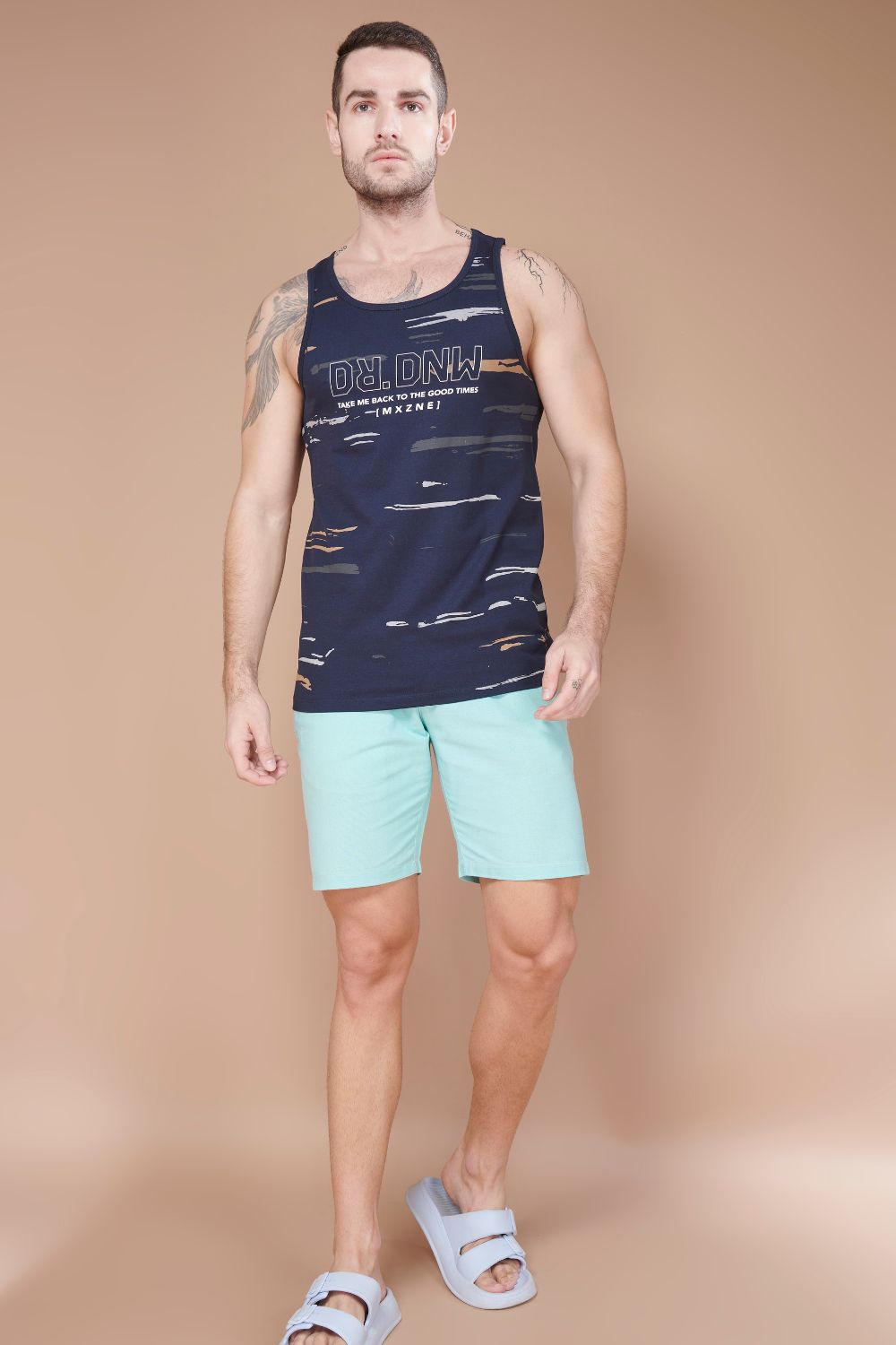 Sleeveless Printed Tank Tees – Teal Navy Sleeveless tank tees Maxzone Clothing   