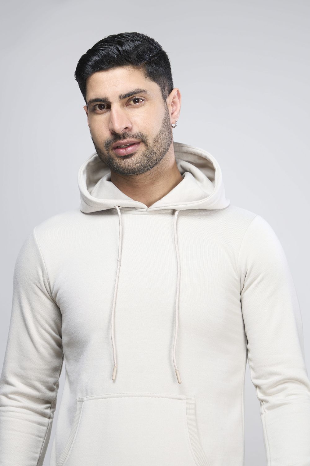 Silver Grey colored, hoodie for men with full sleeves and relaxed fit, close up.