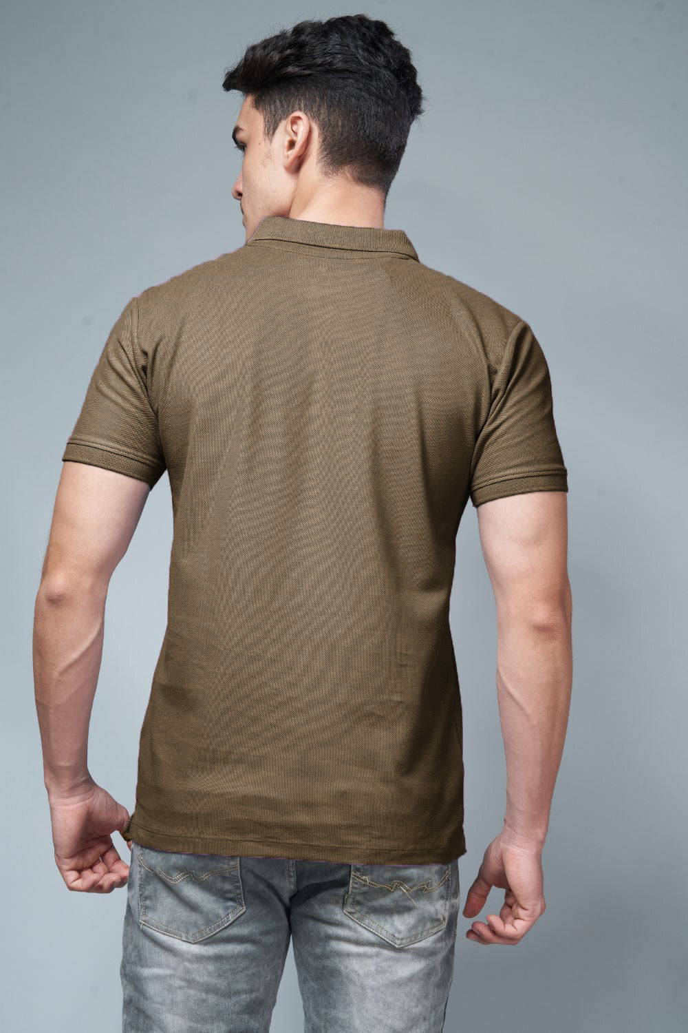 Olive colored, identity Polo T-shirts for men with collar and half sleeves, back view.
