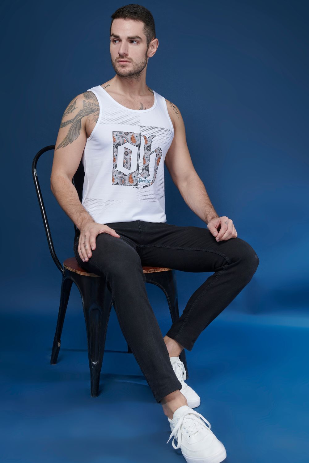 White colored cotton Sleeveless Printed Tank Tees for men.