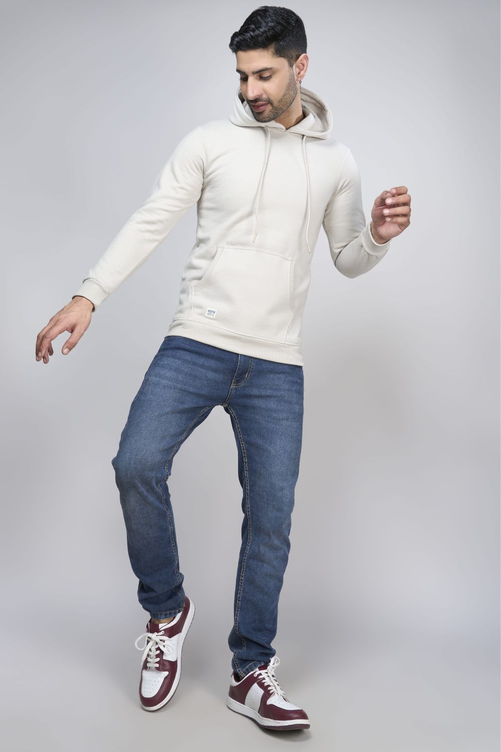 Silver Grey colored, hoodie for men with full sleeves and relaxed fit, front view.