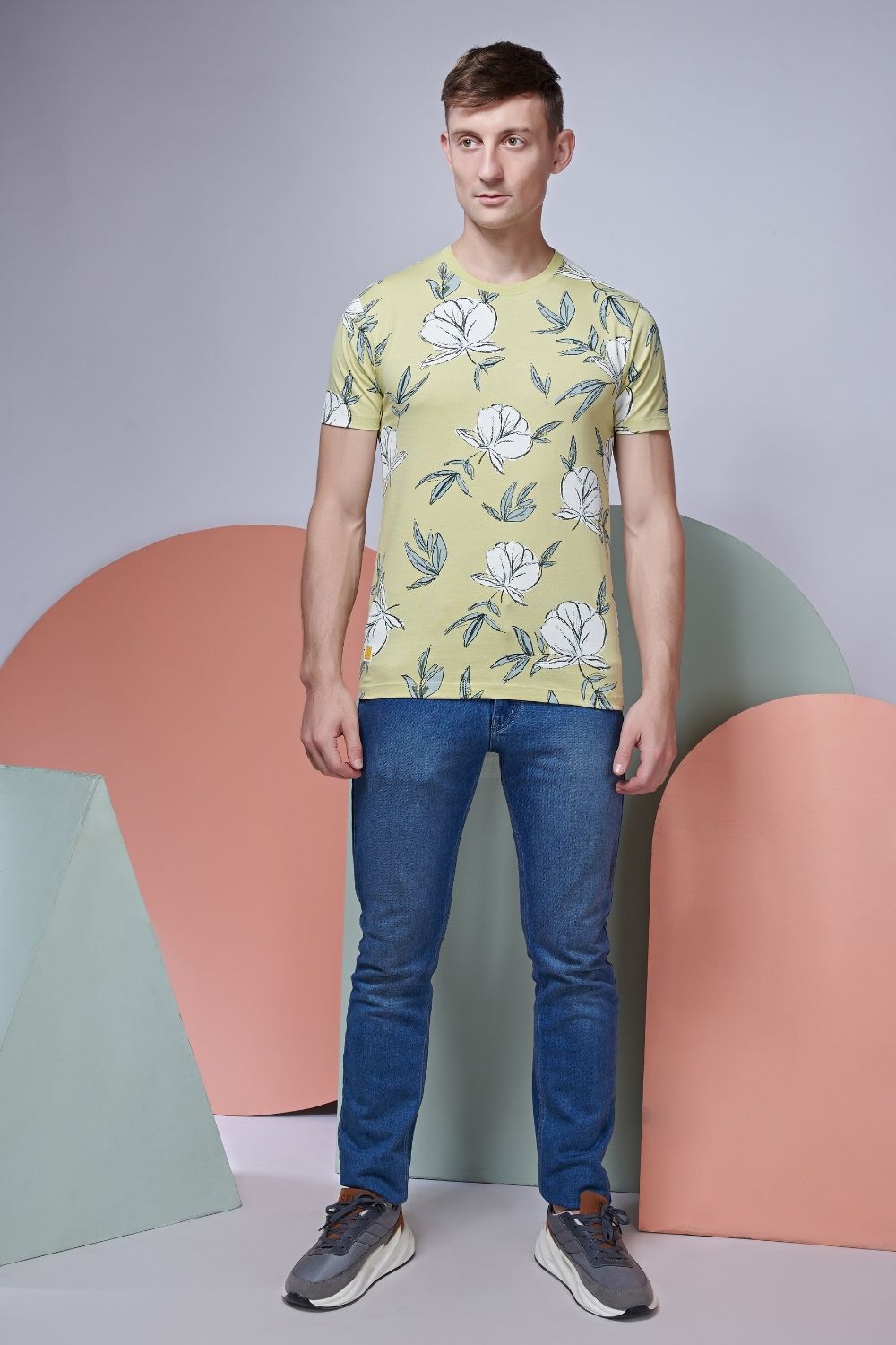 Full View of  Pale rose style all over print T shirt for men with short sleeves and round neck.