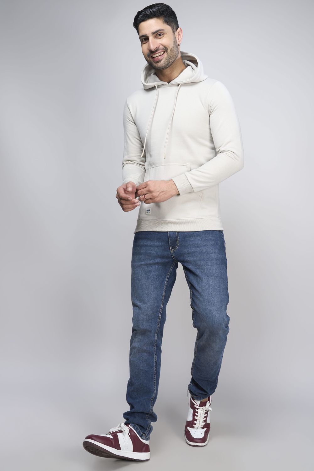 Silver Grey colored, hoodie for men with full sleeves and relaxed fit, full view.