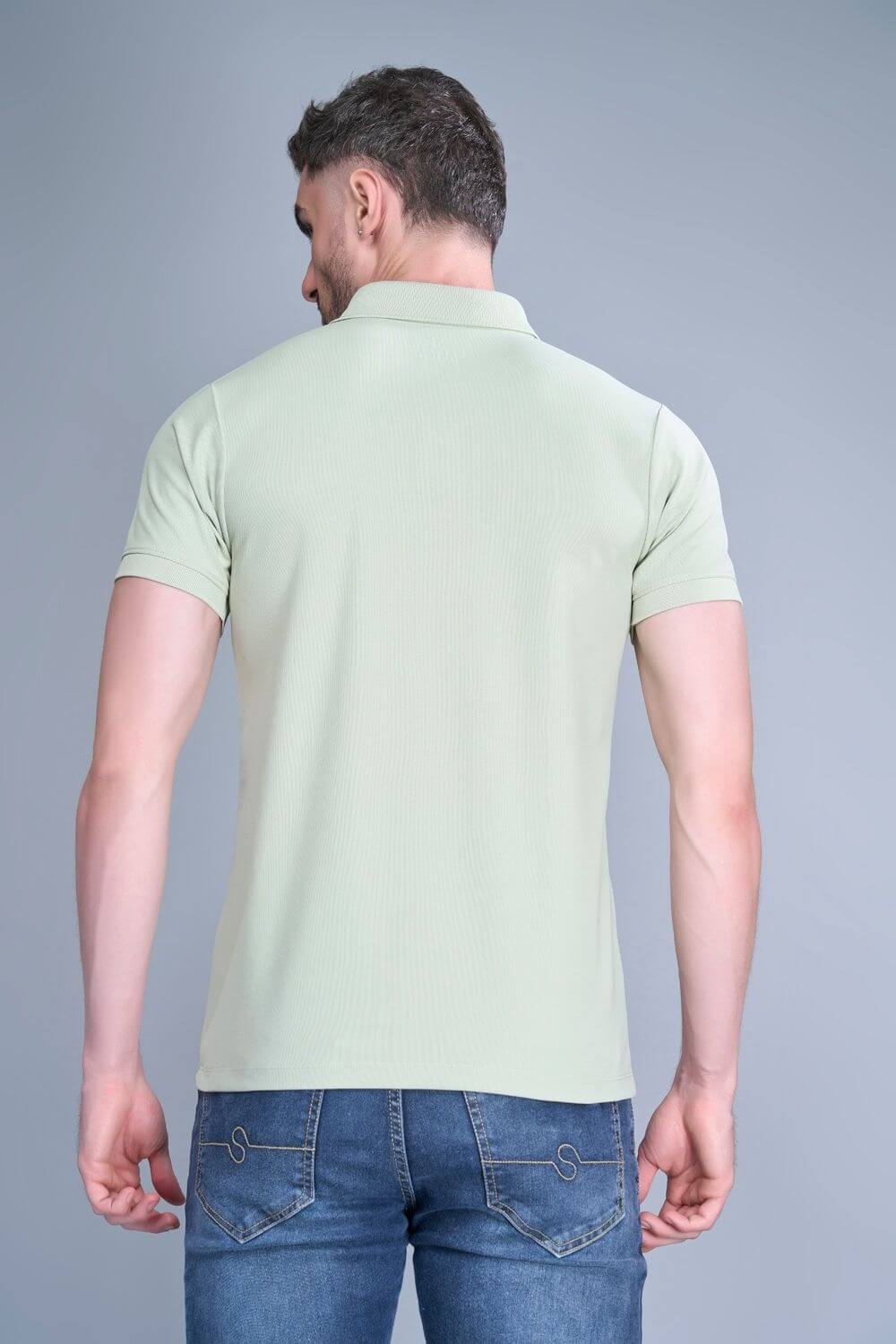 Spring Green colored, Smart Tech Polo T-shirts for men with collar and half sleeves, back view.