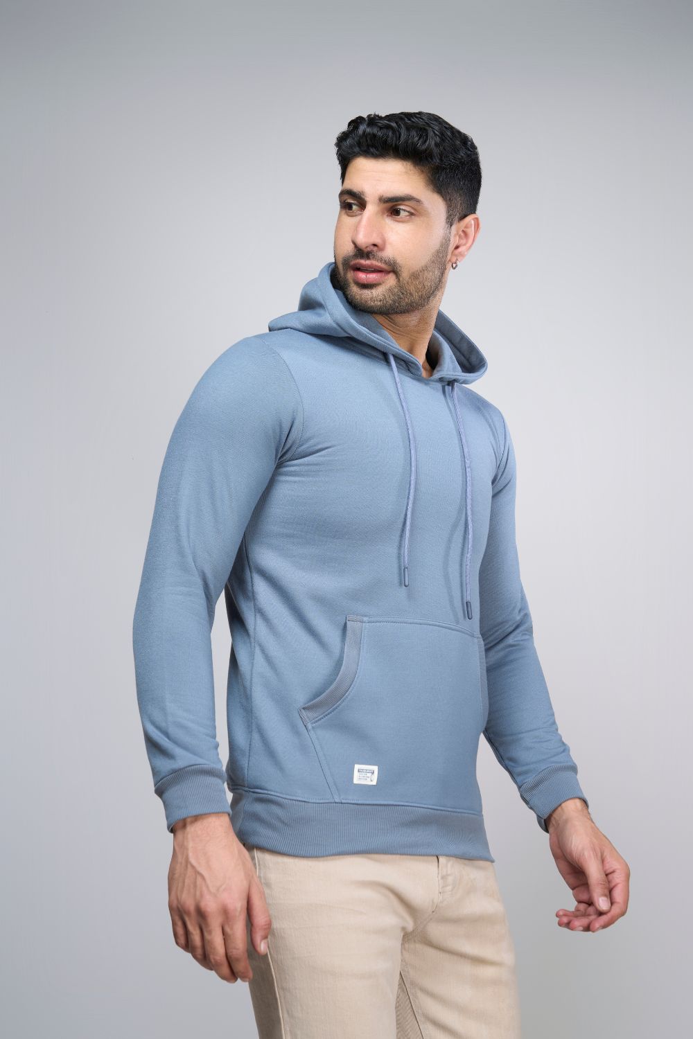 Niagara colored, hoodie for men with full sleeves and relaxed fit, side view.