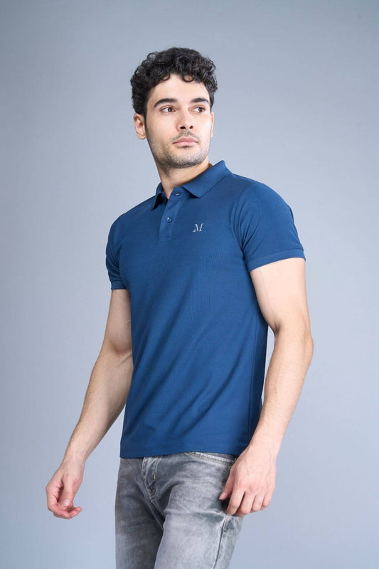 Teal Navy colored, Smart Tech Polo T-shirts for men with collar and half sleeves, side view.