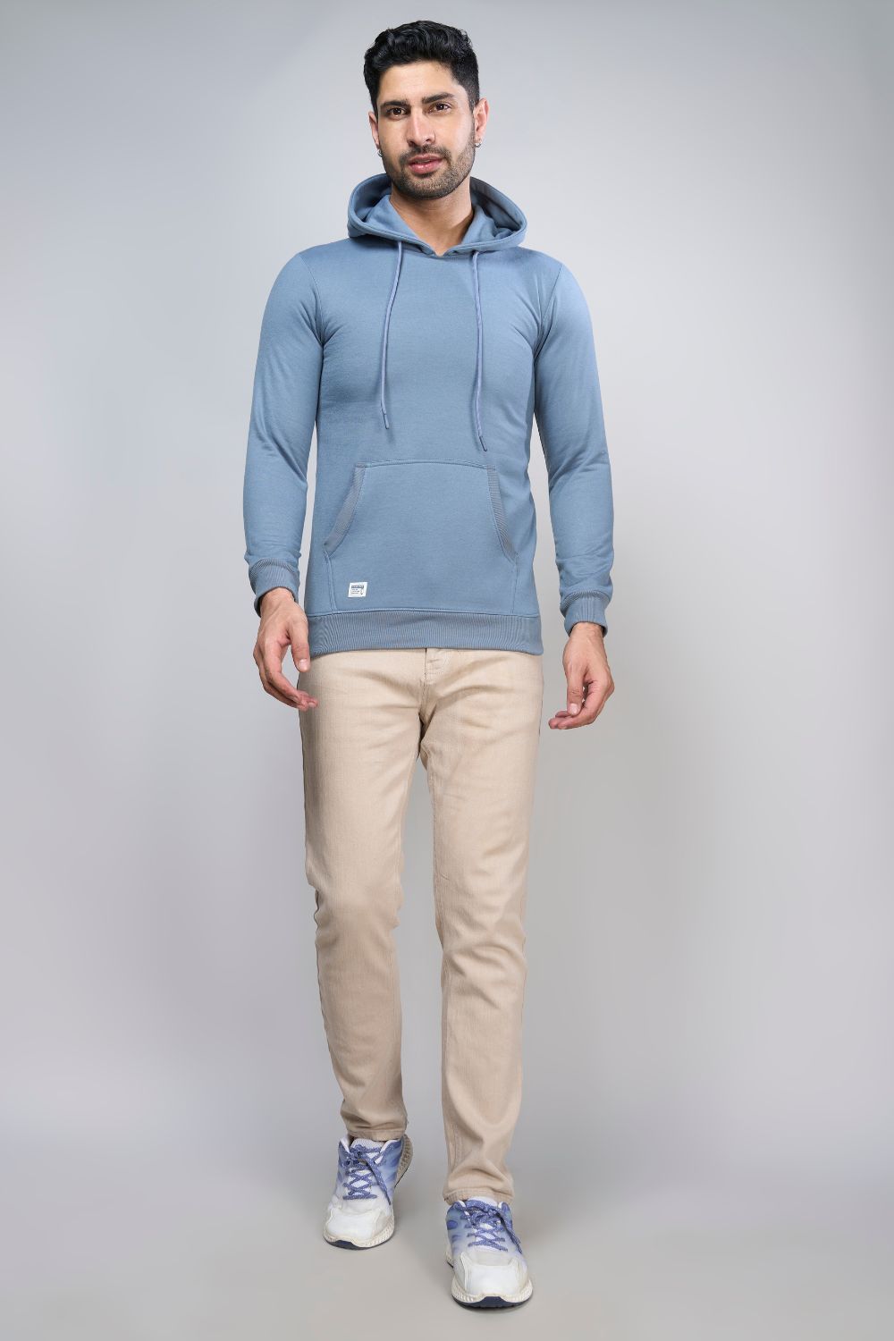 Niagara colored, hoodie for men with full sleeves and relaxed fit, front view.