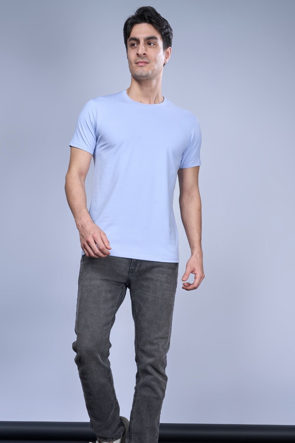 Cotton Stretch T shirt for men in the the solid color Powder Blue with half sleeves and round neck, front view.