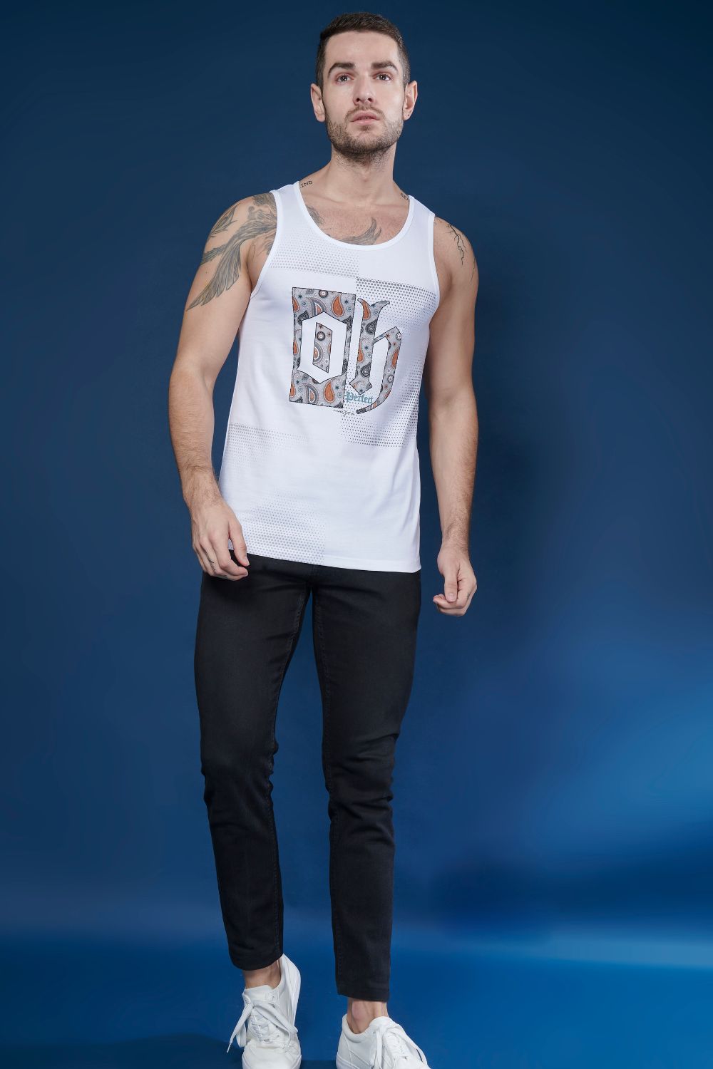White colored cotton Sleeveless Printed Tank Tees for men, full view.