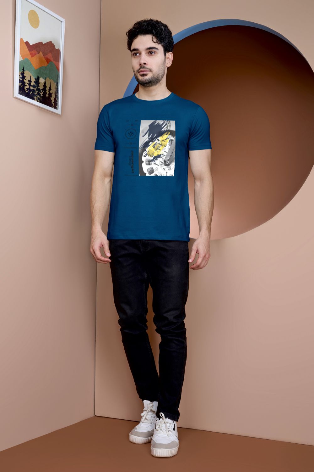 Midnight blue colored, cotton Graphic T shirt for men, half sleeves and round neck.
