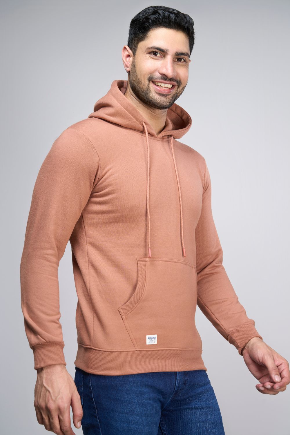 Leather Brown colored, hoodie for men with full sleeves and relaxed fit, pocket view.