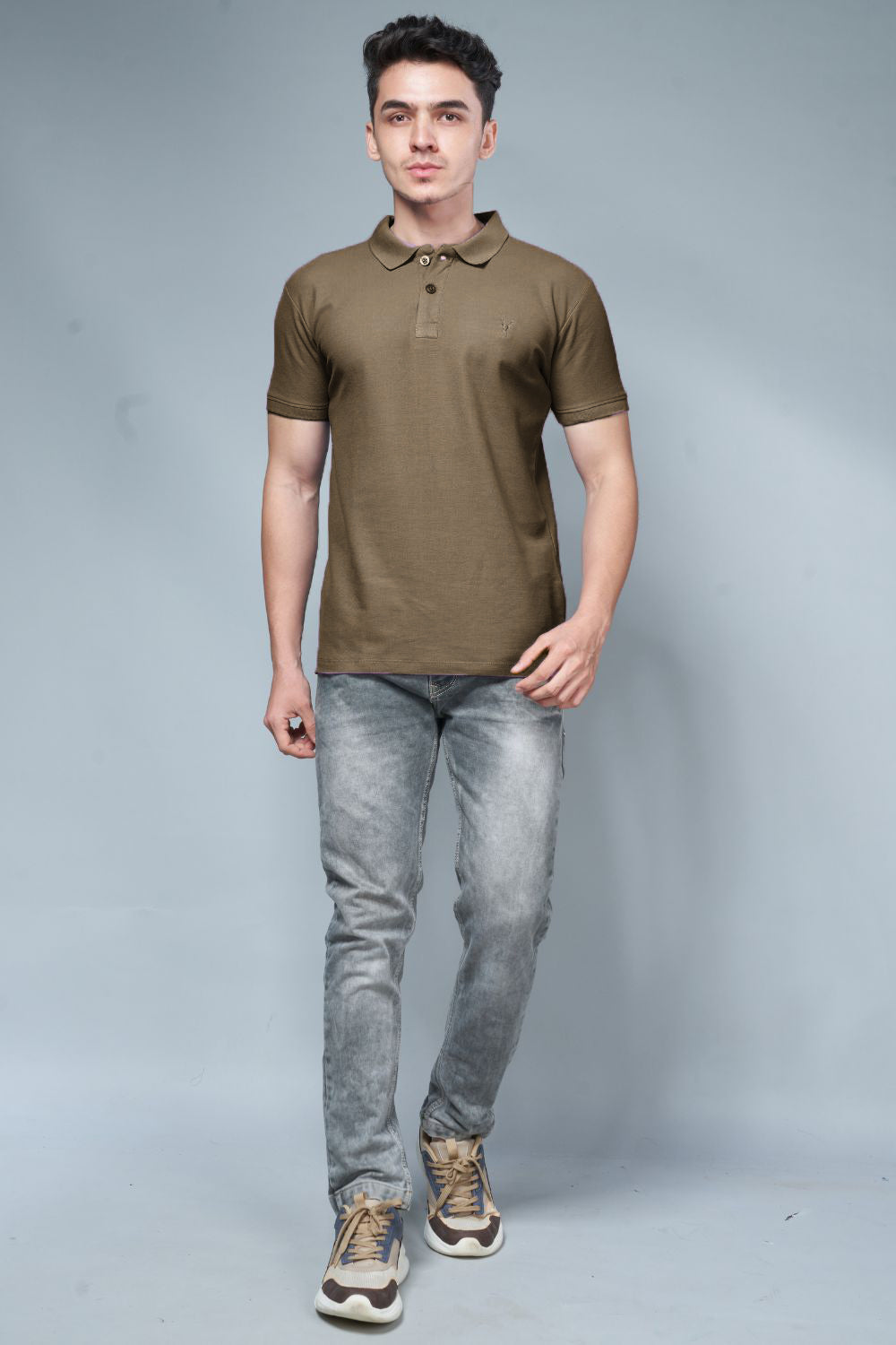 Olive colored, identity Polo T-shirts for men with collar and half sleeves, full view.