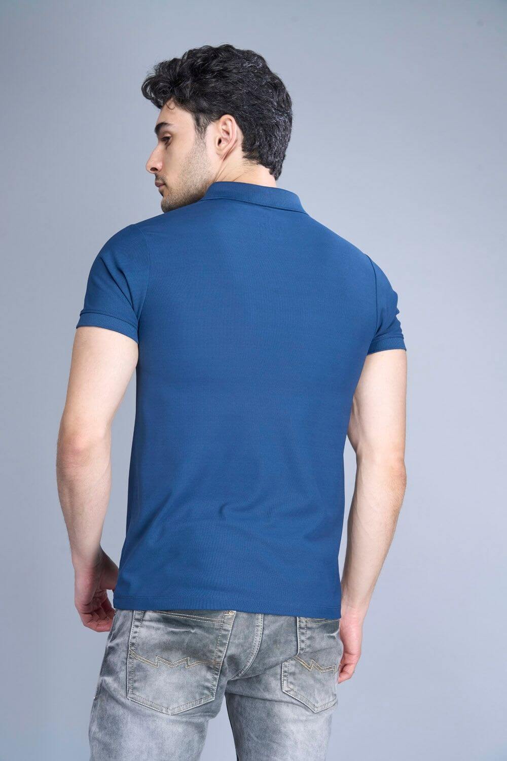 Teal Navy colored, Smart Tech Polo T-shirts for men with collar and half sleeves, back view.