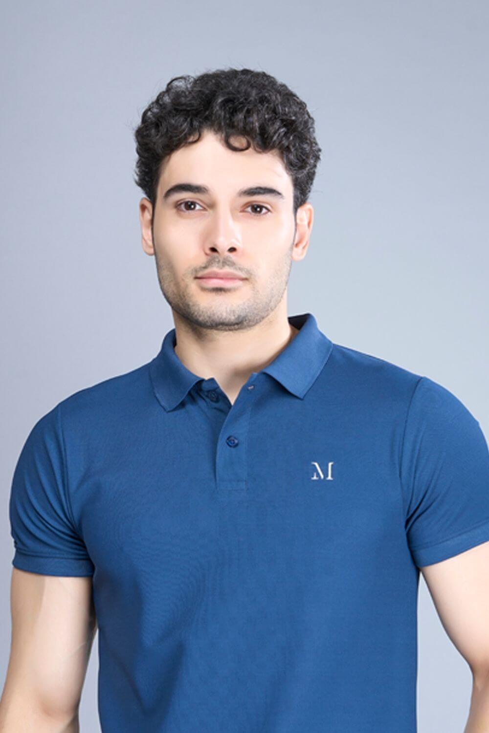Teal Navy colored, Smart Tech Polo T-shirts for men with collar and half sleeves, front view.