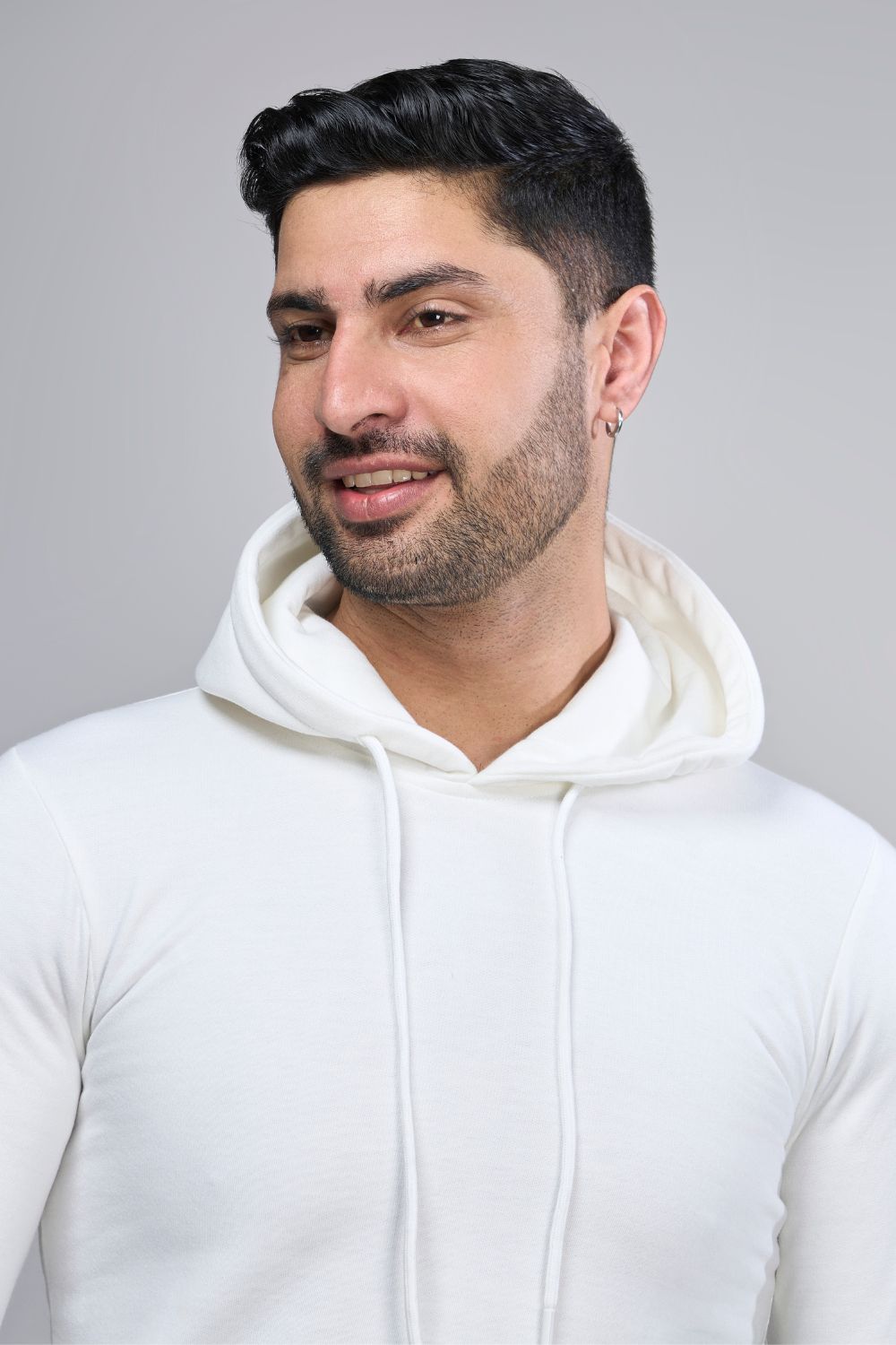 White colored, hoodie for men with full sleeves and relaxed fit, front view.