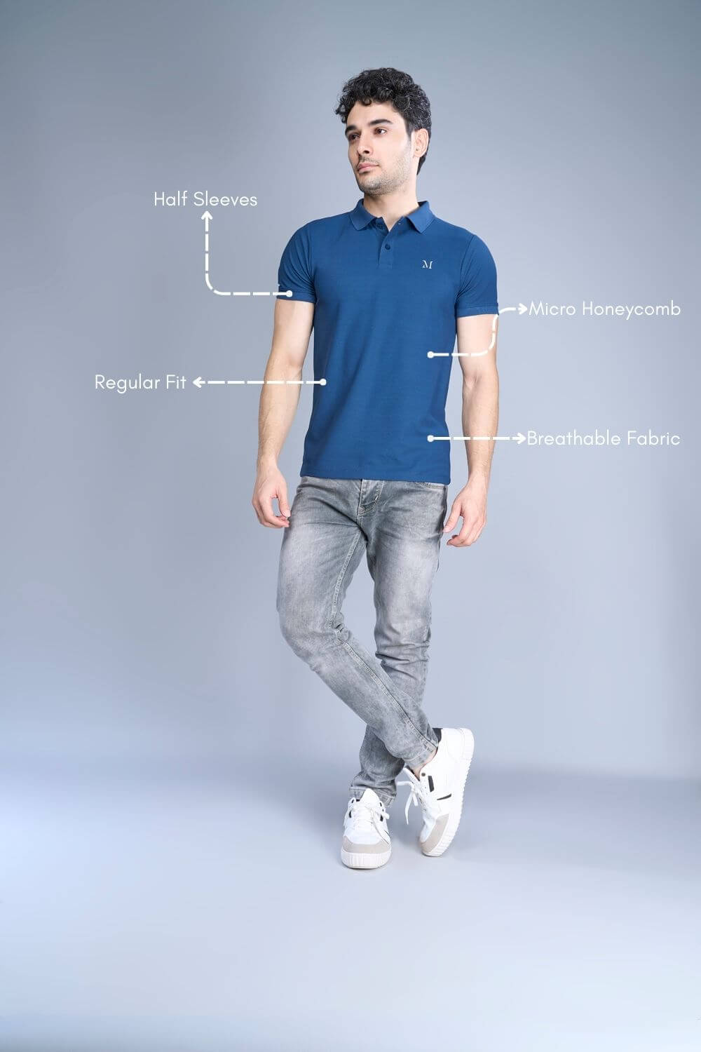 Teal Navy colored, Smart Tech Polo T-shirts for men with collar and half sleeves, product feature.