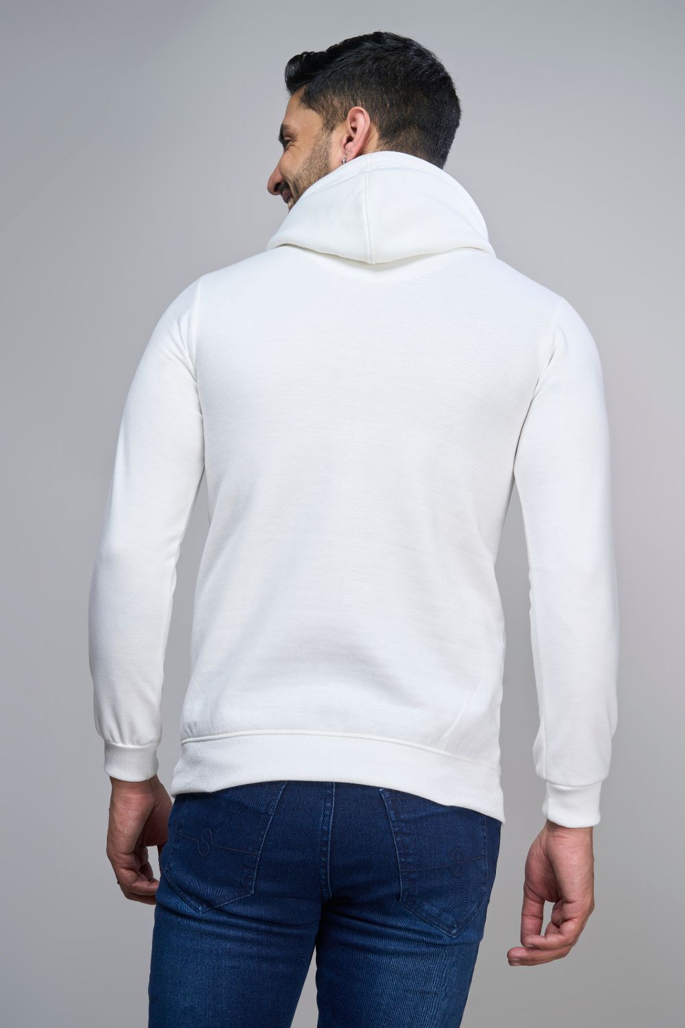 White colored, hoodie for men with full sleeves and relaxed fit, back view.