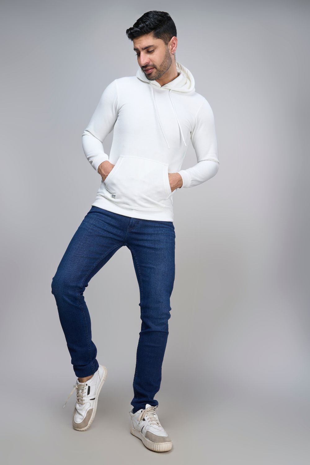 Hoodie for men with full sleeves and relaxed fit in the color White.