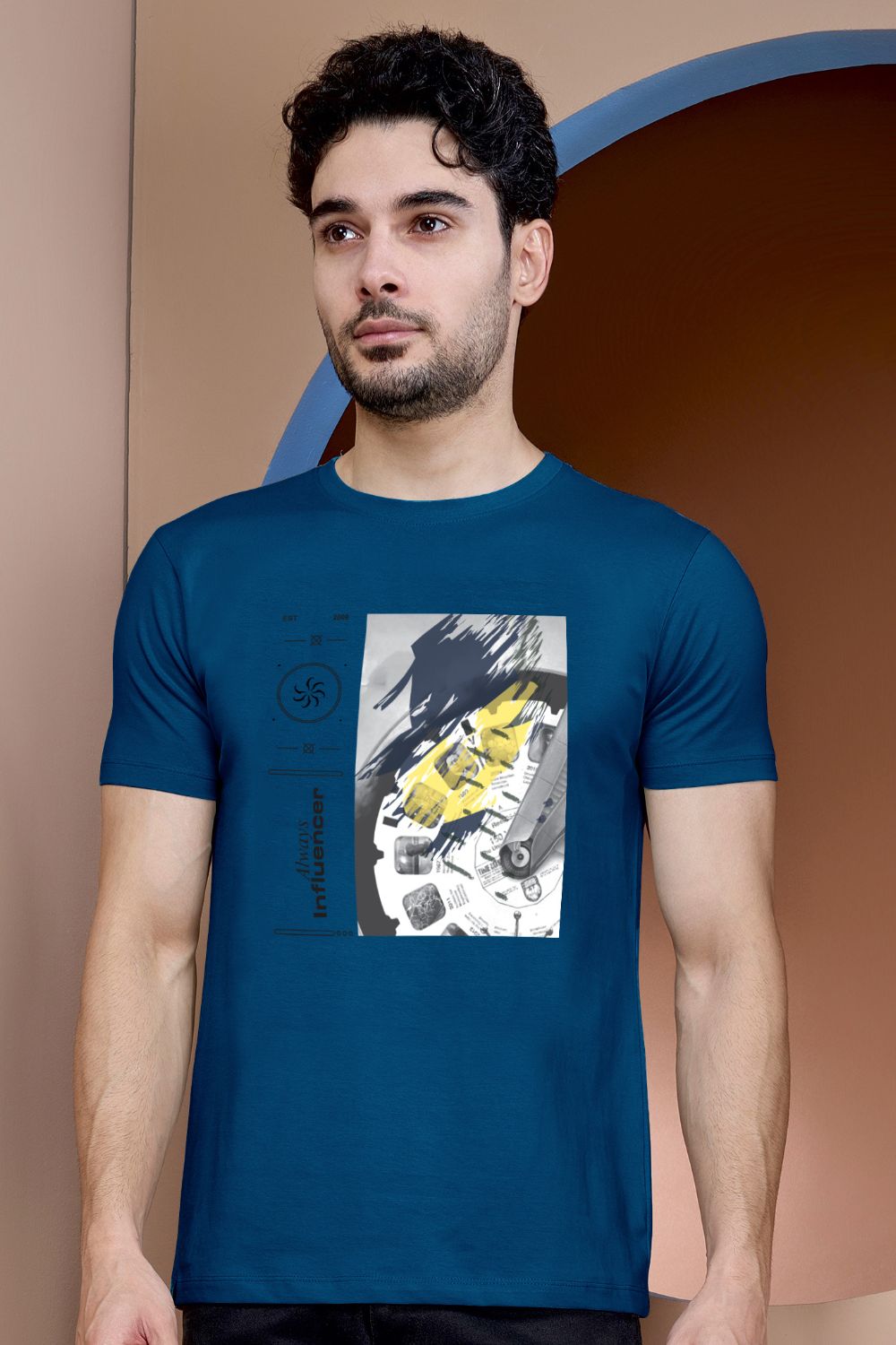 Midnight blue colored, cotton Graphic T shirt for men, half sleeves and round neck, front view.