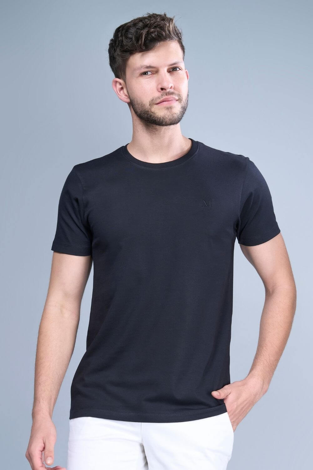 Front view of Black colored, Solid T shirt for men, with half sleeves and round neck.