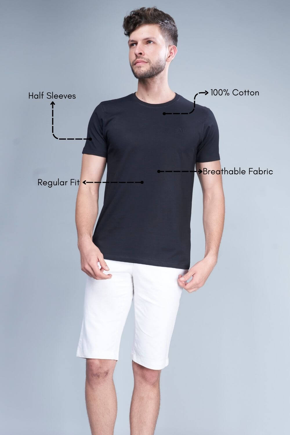 Features of Black colored, Solid T shirt for men, with half sleeves and round neck.