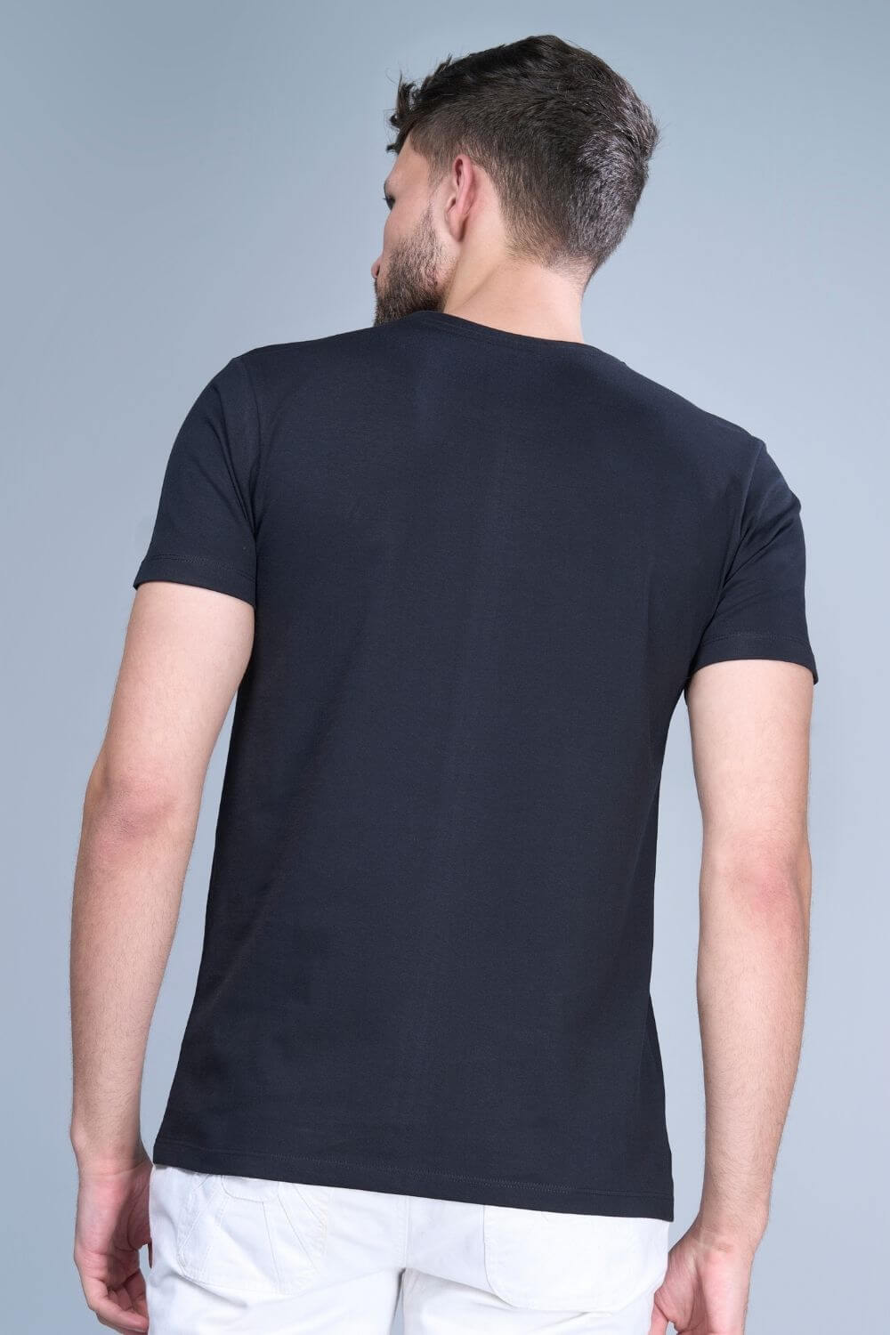 Back view of Black colored, Solid T shirt for men, with half sleeves and round neck.