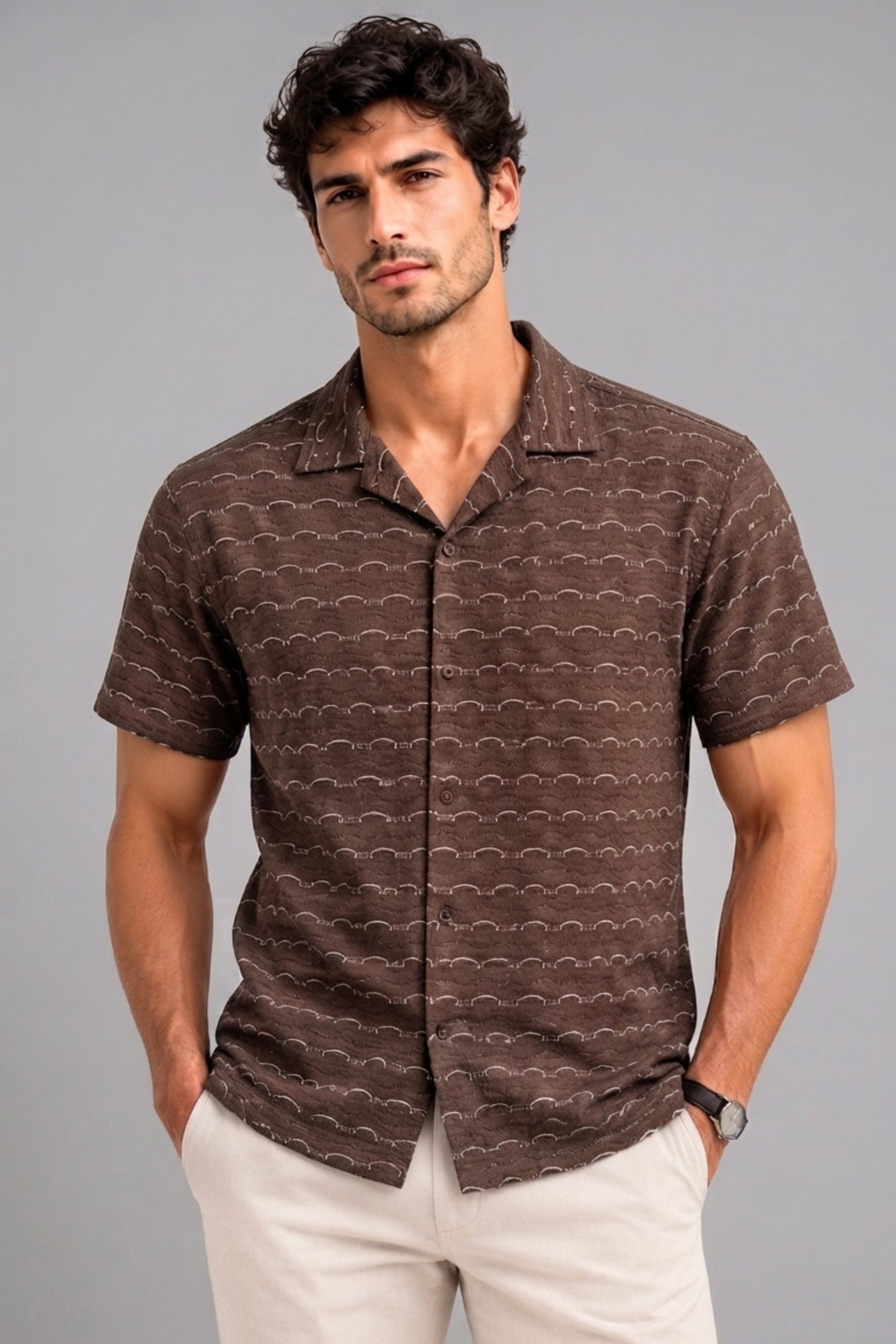 Brown - Wave Textured Oversized Shirt