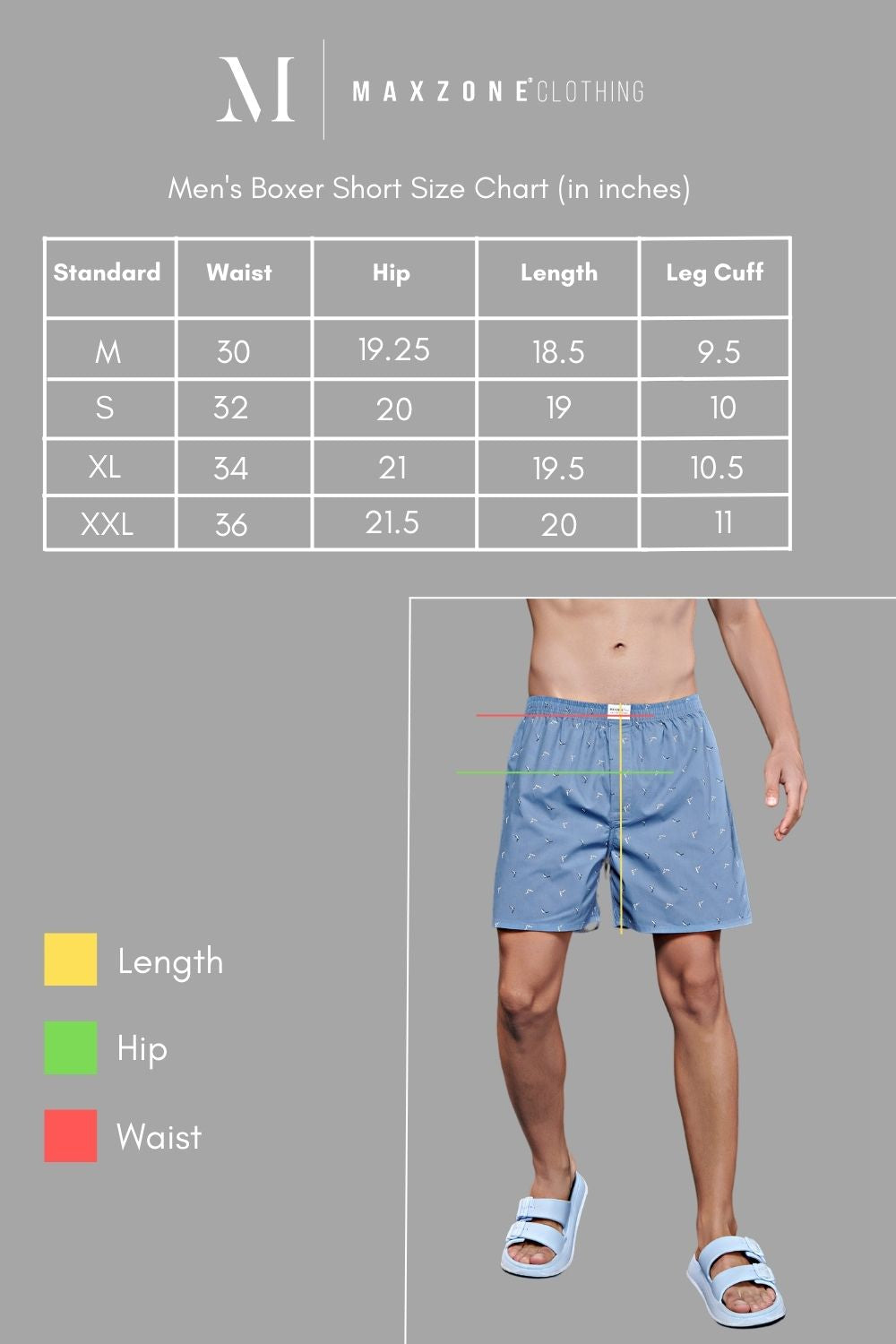 Size chart of C. G. Blue colored all over printed cotton boxer for men with back pockets.