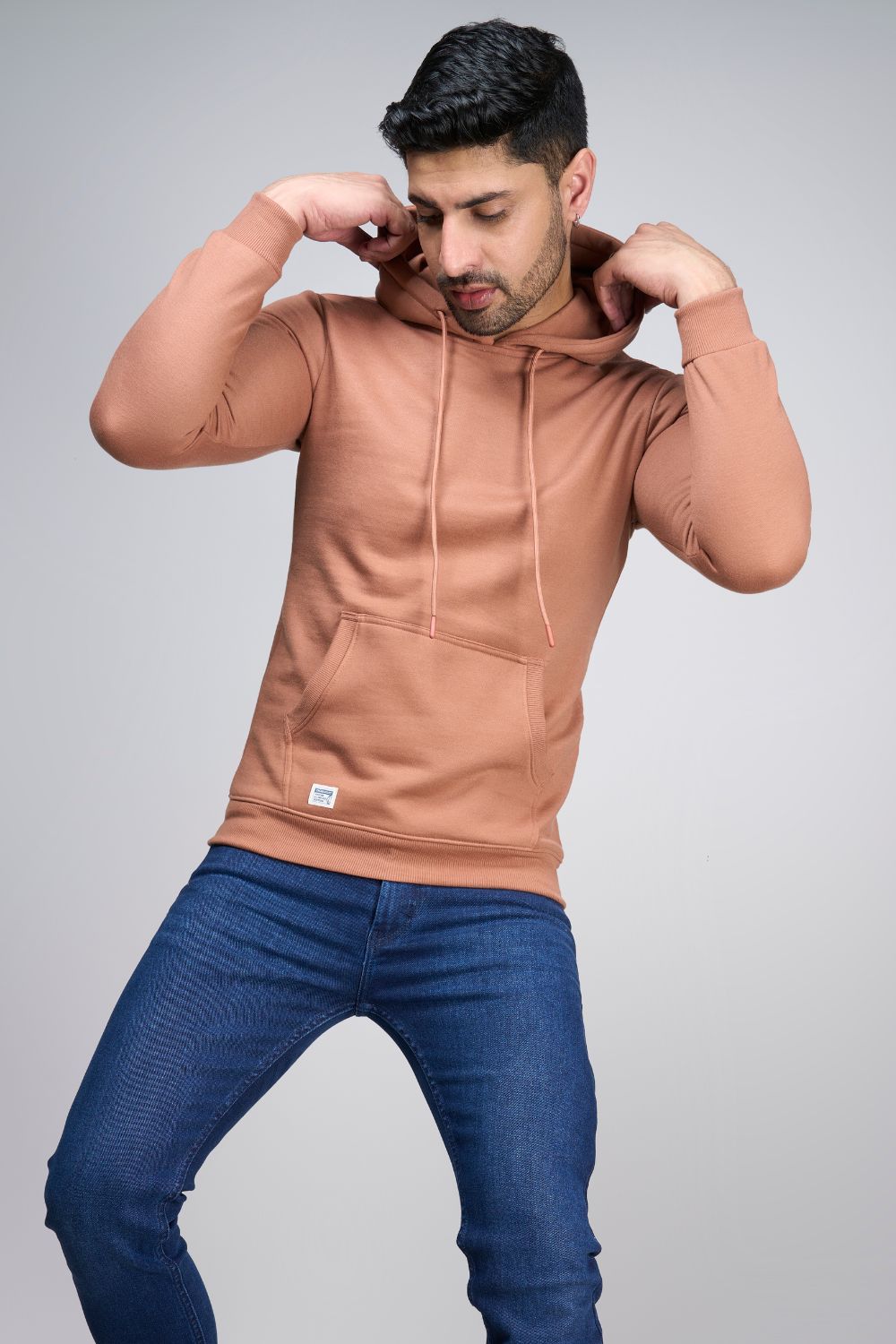 Leather Brown colored, hoodie for men with full sleeves and relaxed fit, closeup.