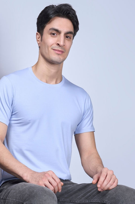 Cotton Stretch T shirt for men in the the solid color Powder Blue with half sleeves and round neck.